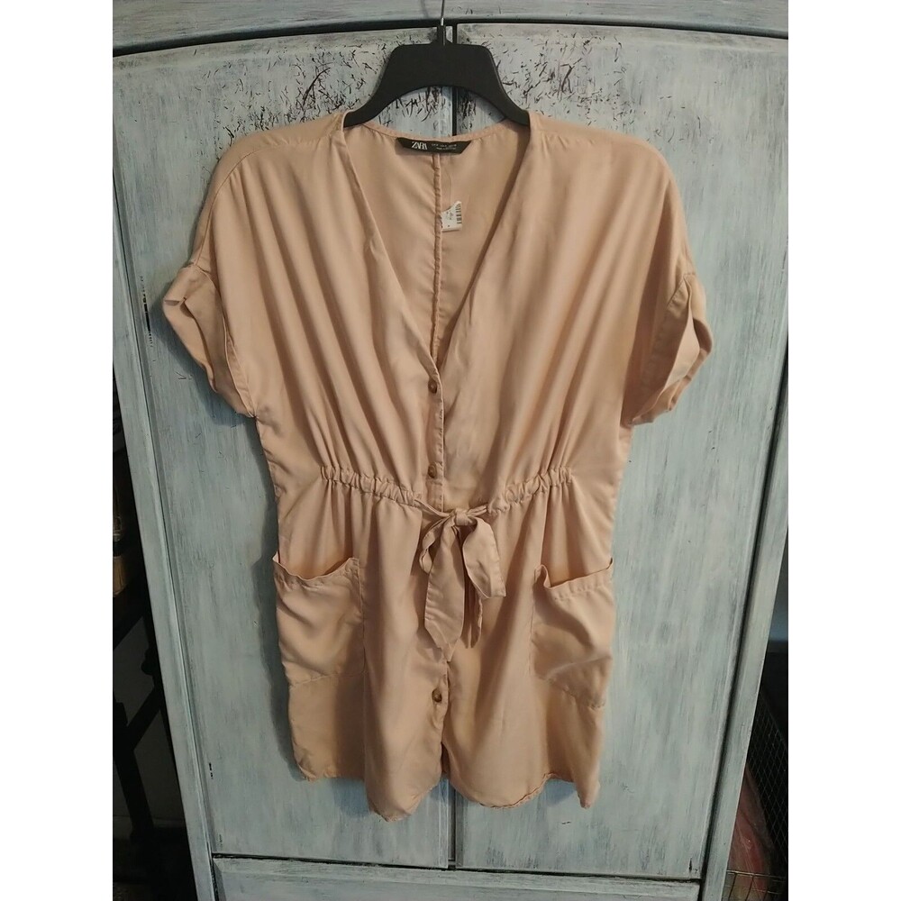 Zara Blush Tie Front Short Sleeve Mini Length Dress Sm Boho Beachy